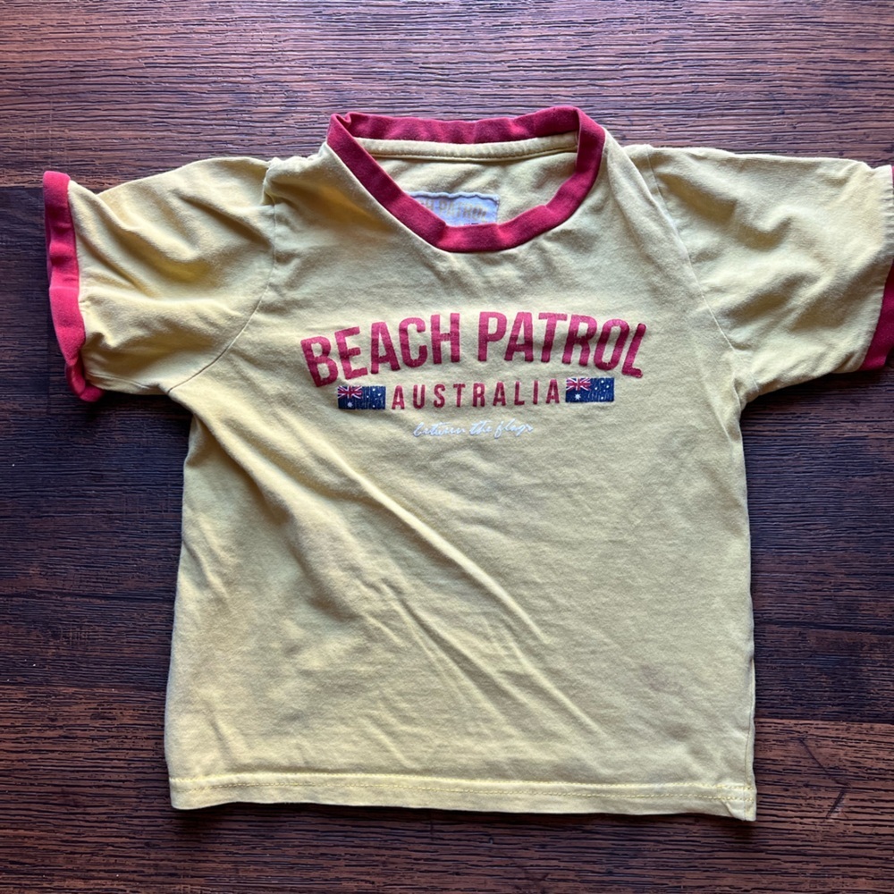 Boy's Beach Patrol T-Shirt Yellow Spell-Out 4 Aussie Between Flags Ringer Oz